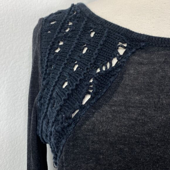 Vintage Havana Black Crochet Knit Top Med Long Sleeves Raw Hem Witchy Goth Boho - Picture 3 of 13